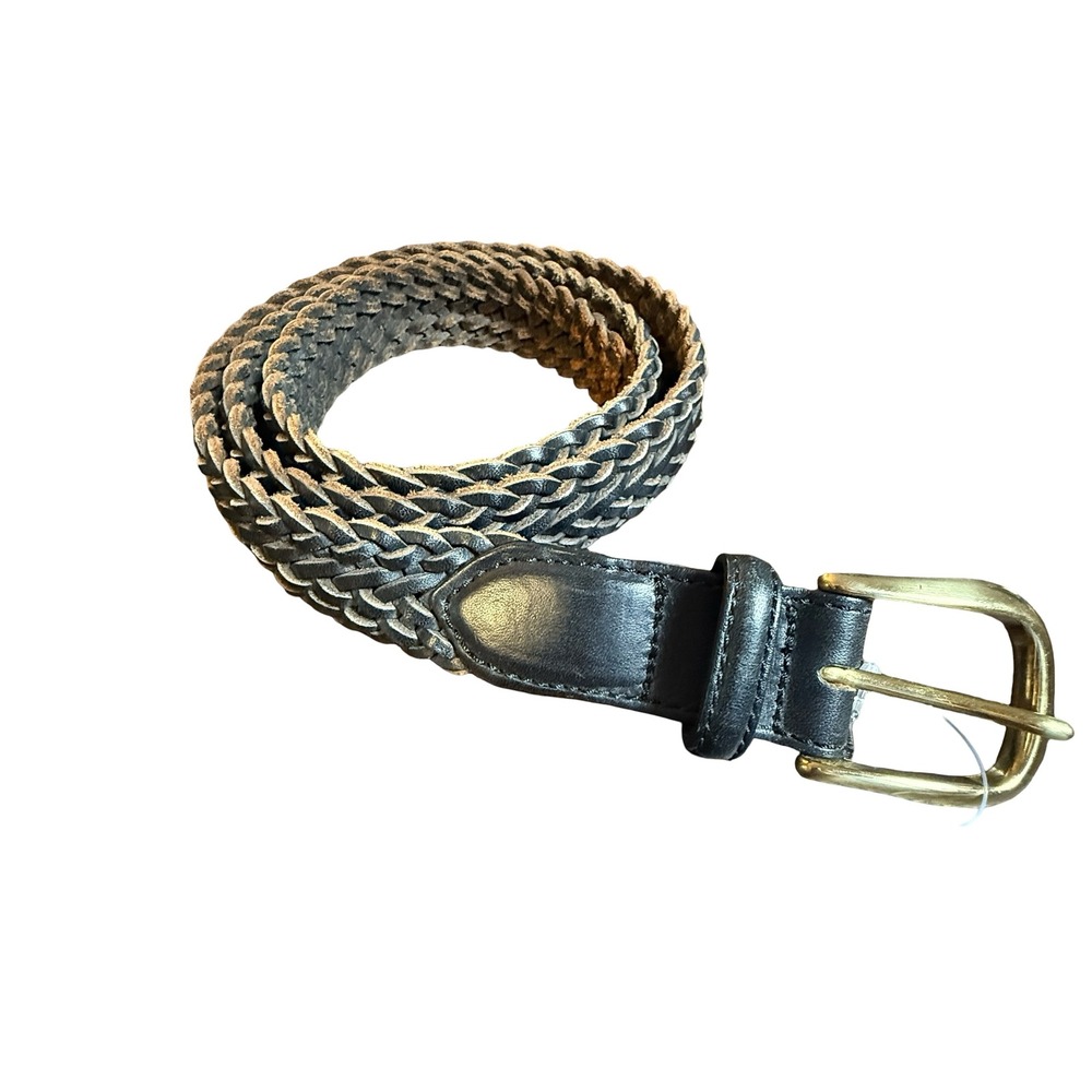 Lands End Mens Black Braided Leather Belt Solid Brass Buckle Casual Size 38